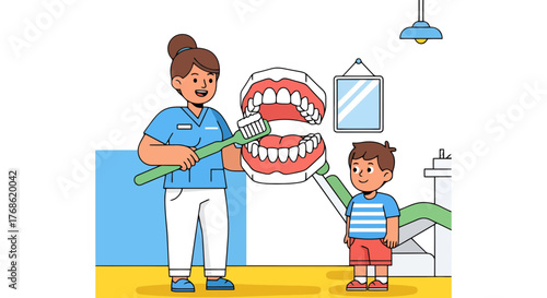Dentist Showing Proper Techniques to a Young Patient for Thorough Teeth Brushing Demonstration