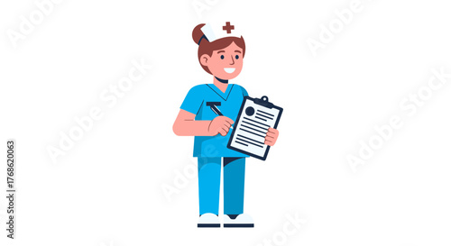 Depiction Of A Cheerful Medical Professional Holding Clipboard And Pen On Solid Backgroun