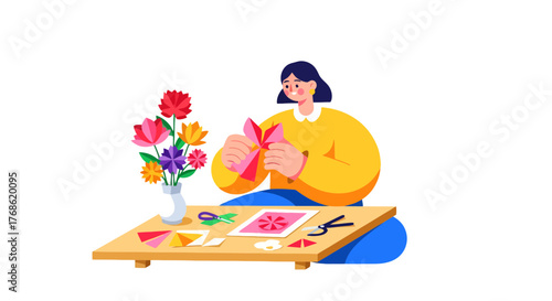 Creative Craftswoman Bringing Floral Artistry To Life Using Paper And Scissors For Beautiful Designs