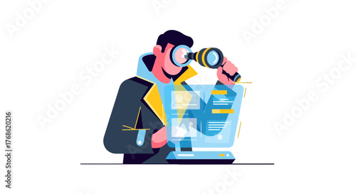 Detective Investigating Data On A Computer Screen With Magnifying Glasses For Analysis
