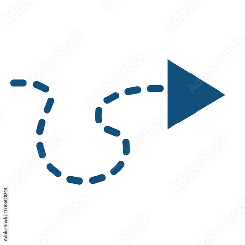 Blue arrow pointing right with a dotted line on a white background in a simple graphic design