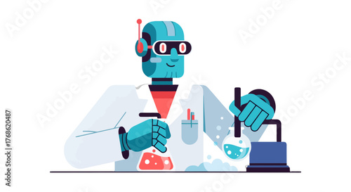 Digital Illustration Of A Robotic Scientist Conducting Laboratory Experiment