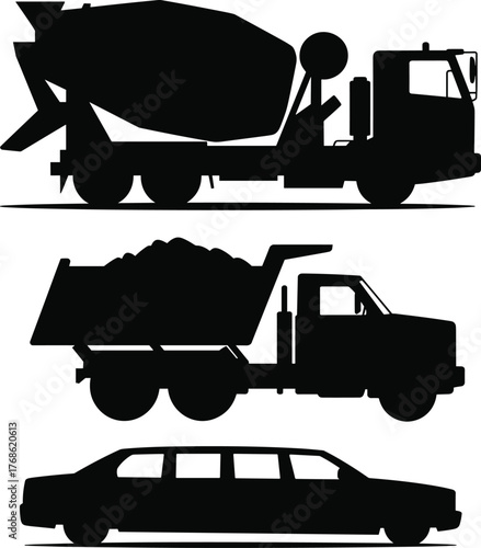 Construction vehicles, cement mixer truck, dump truck, limousine silhouette, black icon set, transport illustration, heavy machinery, luxury car, isolated graphic