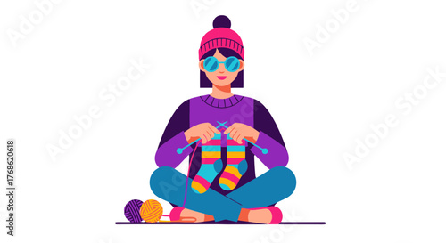 Creative Woman Knits Socks While Seated on Floor in Colorful Artistic Illustration