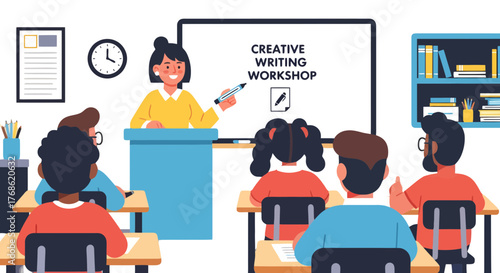 Creative Writing Class: Students Engaged and Listening To The Teacher Presentation