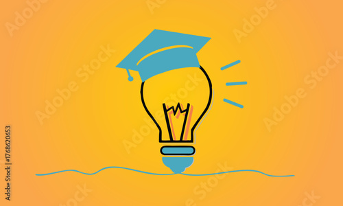 Creative Education Idea Vector: Glowing Light Bulb with Graduation Cap Symbolizing Knowledge, Academic Success, Learning Innovation
