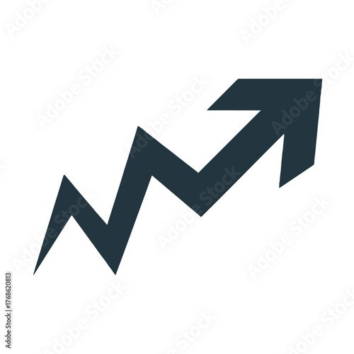 A dark blue zigzag arrow pointing upwards on a white background indicating growth or positive trend