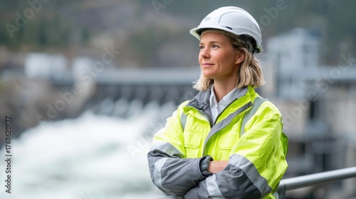 Female Engineer in High-Visibility Jacket at Hydropower Plant
