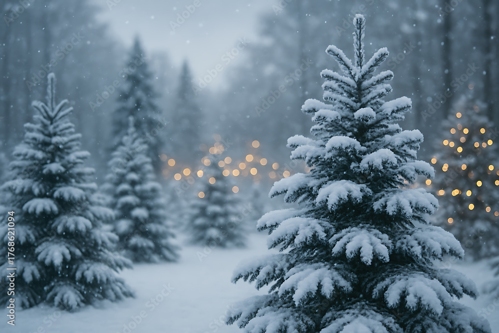 Obraz premium Snow Covered Pine Trees Decorated with Festive Lights During Winter Snowfall