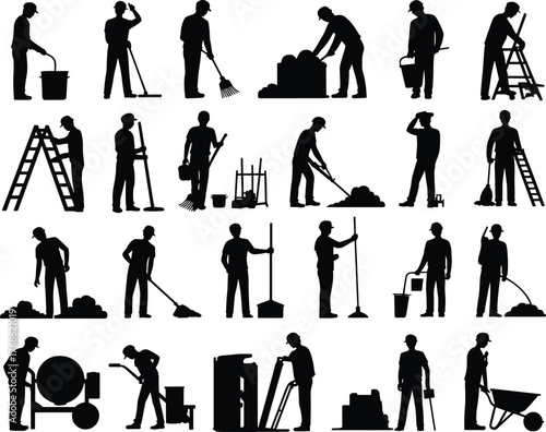 Construction workers silhouettes, manual labor, industrial tools, building site activity, shovel, ladder, wheelbarrow, teamwork, cement mixer, bricks, infrastructure, safety gear