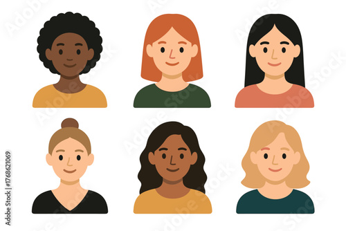 Six diverse female avatars featuring various hairstyles and complexions, including african and caucasian features, against a plain backdrop.