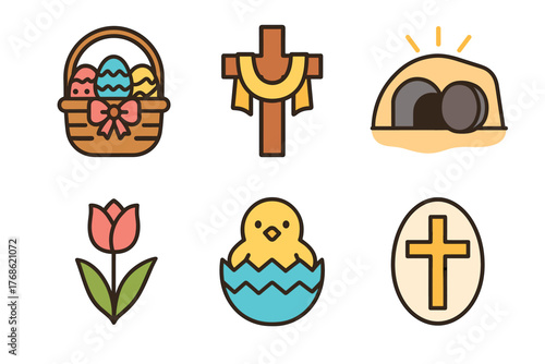 Colorful easter symbols including a basket of eggs, crucifix, open tomb, tulip, chick in eggshell, and cross, representing traditional easter elements.