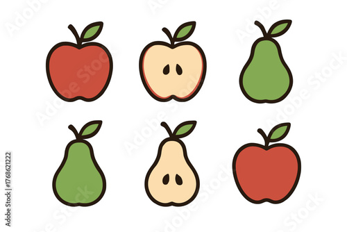 Simple illustration of apples and pears with black outlines showing whole and halved fruits with leaves.