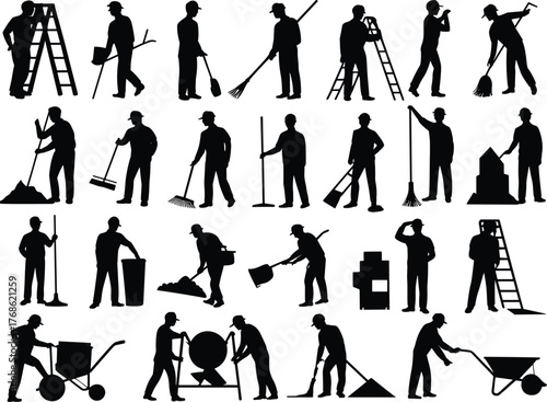 Construction workers silhouettes, manual labor, industrial tools, teamwork, building site, shovel, ladder, wheelbarrow, concrete mixer, infrastructure, urban development, safety gear, hard hats,