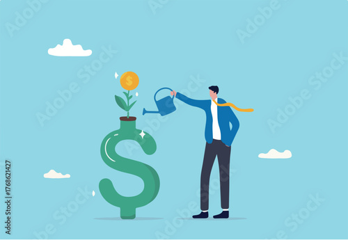 Money growth, growing investment profit or retirement pension fund, increase wealth and earning, income or revenue concept, businessman watering growing seedling with dollar money coin flower.