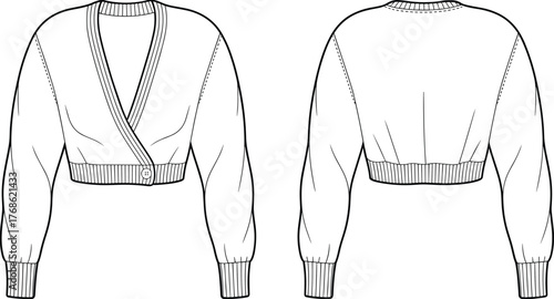 Fashion technical flat sketch of women’s cropped wrap cardigan sweater with long sleeves, ribbed cuffs, waistband, and button closure design
