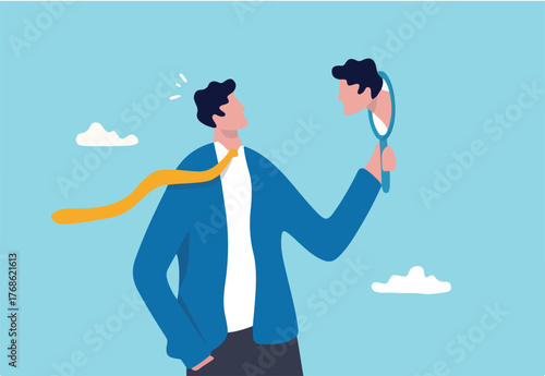 Self awareness, aware of different aspect of self, behaviors and feelings, psychology state of oneself becomes focus of attention, businessman found himself from mirror thinking about self awareness.