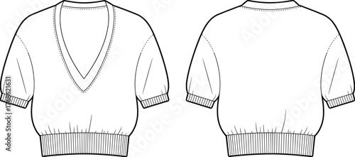 Women’s short sleeve V-neck cropped sweater fashion flat template with ribbed hem and cuffs, technical apparel illustration design