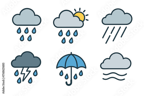 Six simple weather icons depicting different conditions, including rain clouds, sun with clouds, lightning, umbrella, and windy clouds.