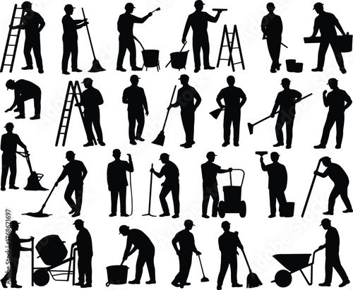 Silhouettes of manual workers with tools, construction, maintenance, janitorial tasks, labor diversity, industrial workforce, occupational roles, equipment, teamwork, effort
