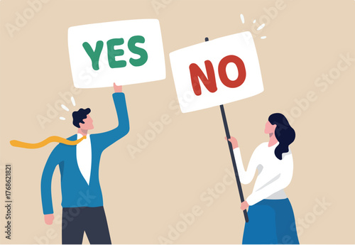 Yes, No argument or disagreement, conflict fight debate, dilemma, dispute or office rivalry war, struggle, negative discussion concept, businessman and woman arguing or fight with yes and no sign