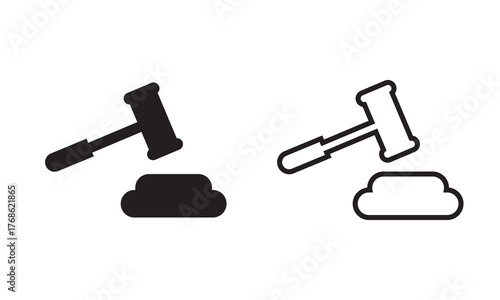 Gavel icons representing justice and legal decision. Two simple gavel icons, one solid and one outlined, symbolizing law, justice, and court decisions in minimal black and white design.

