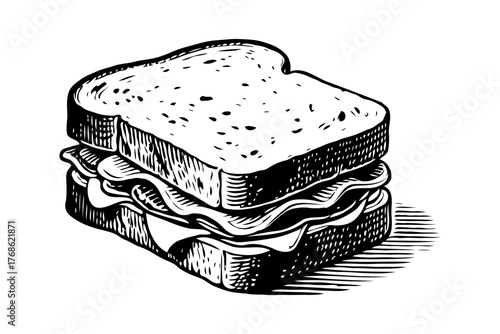 Classic sandwich with layers of meat and cheese, hand-drawn sketch style, isolated on white background, concept of vintage food illustration