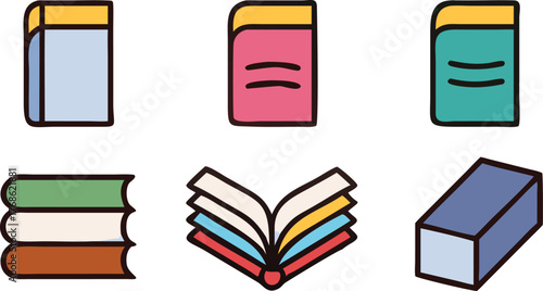 Collection of colorful book and eraser icons on a white background