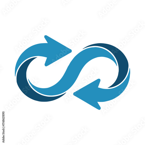Blue infinity symbol with arrows pointing in opposite directions on a white background design logo
