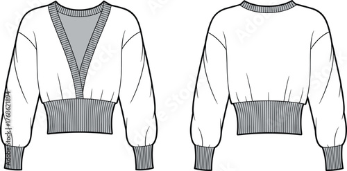 Fashion technical flat sketch of women’s cropped deep V-neck sweater with long sleeves, ribbed cuffs, waistband, and stylish knitwear design