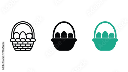 Three different style icons of an Easter basket filled with eggs on a white background.