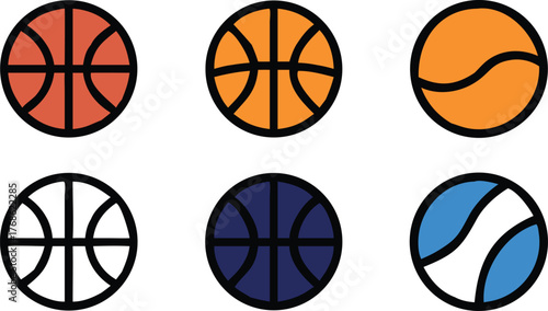Collection of Stylized Basketball Icons in Various Colors
