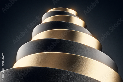 Golden and black layered structure forming geometric pyramid, concept of success, power, luxury and premium design.