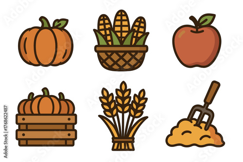 Colorful icons depicting autumn harvest items including a pumpkin, corn in a basket, an apple, a crate of pumpkins, a bundle of wheat, and a pitchfork with hay.