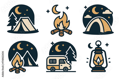Collection of camping-themed icons, including tents, campfires, a van, and a lantern, all featuring night sky and moonlit scenes.