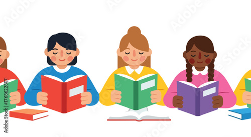 Diverse Children Happily Engaged In Reading, Education And Shared Learning Environment