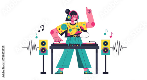 Energetic Dj Performing, Enjoying Music, Mixing Tracks, Entertainment, Nightlife Scene