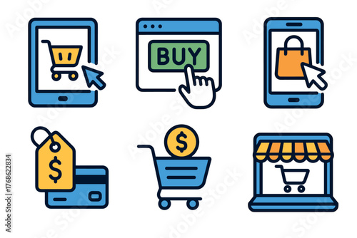 Colorful collection of digital shopping icons including a tablet, browser window, smartphone, tag, credit card, and storefront, illustrating online retail concepts.