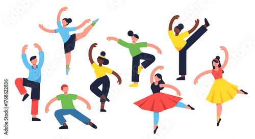 Diverse Dancers In Vibrant Poses Against Black, Geometric Ballet Illustration