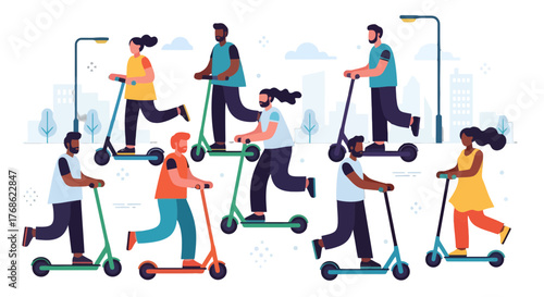 Diverse Citizens Enjoying Electric Scooters in the Modern Metropolis Environment