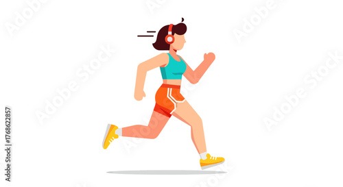 Energetic Running Woman In Sports Attire Wearing Headphones On Black Background