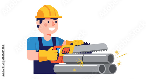 Engineer Character Cutting Steel Pipes With A Saw, Illustration On Black Background