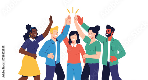 Diverse Group Celebrating Success and Teamwork with Joyful High Fives and Positive Energy