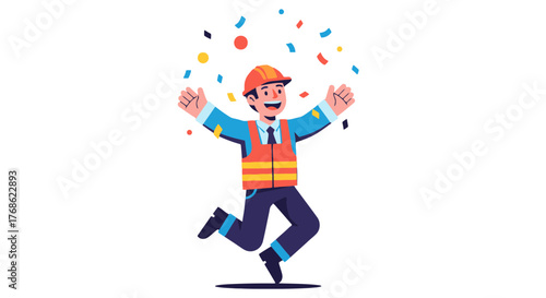 Engineer Celebrates Success Under Confetti Shower with Joyful Expression