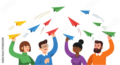 Diverse Group Joyfully Launching Colorful Paper Airplanes Against Black Background