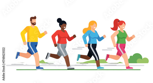 Diverse Group Joyfully Running: Achieving Fitness Goals and Embracing Active Outdoor Life