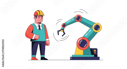 Engineer Inspecting Automated Robotic Arm in Industrial Facility: Modern Automation