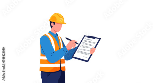 Engineer Inspecting Checklist in Order, with Safety Vest and Hardhat on Black Background.