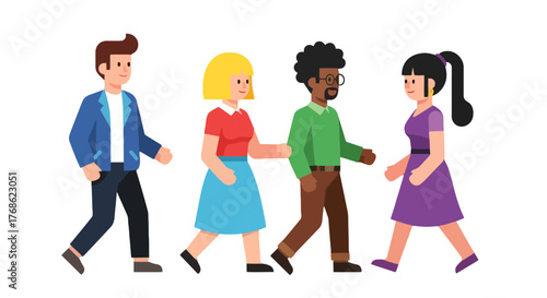 Diverse Group Of People Walking Together In Harmony Across A Dark Background.