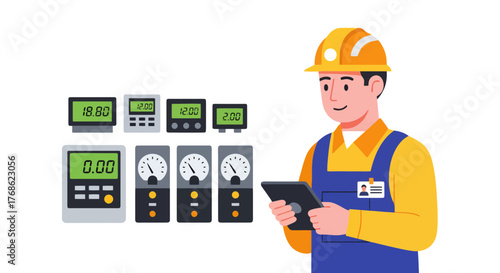 Engineer Inspecting Control Panel Data With Tablet in Industrial Setting